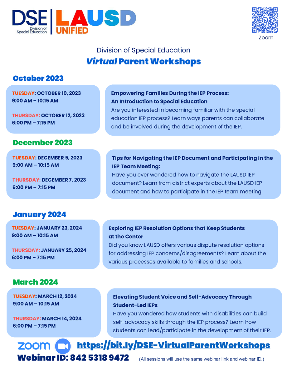  DSE Virtual Parent Workshops Flyer